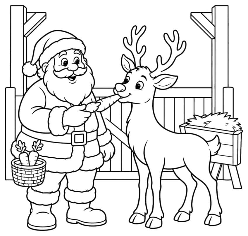 Santa feeding a carrot to a reindeer by a fence and hay trough, coloring page