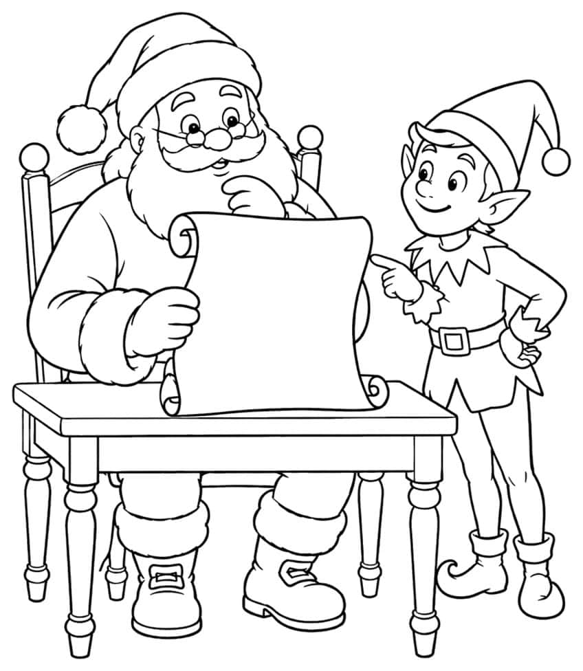 Santa at a table with a long list and a pointing elf, black outlines