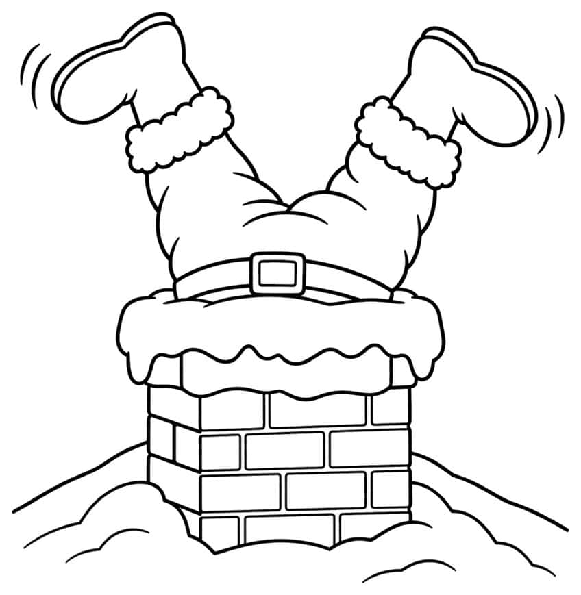 Coloring page of Santa stuck upside down in a snowy brick chimney