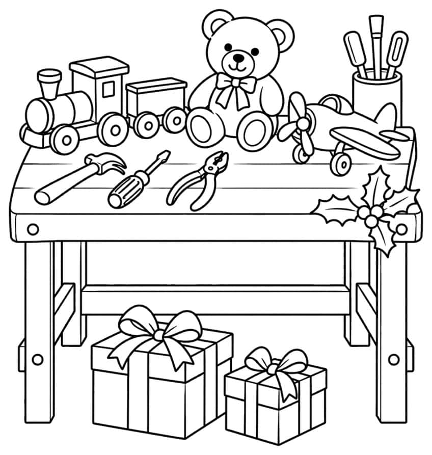 Coloring page of a toy workbench with teddy bear, train, plane, tools and gifts
