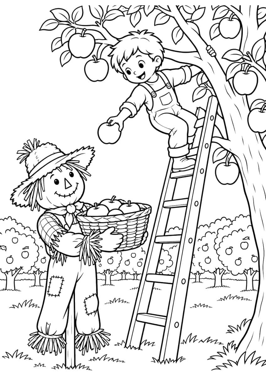 Scarecrow with apple basket and a boy on a ladder picking apples from a tree in an orchard