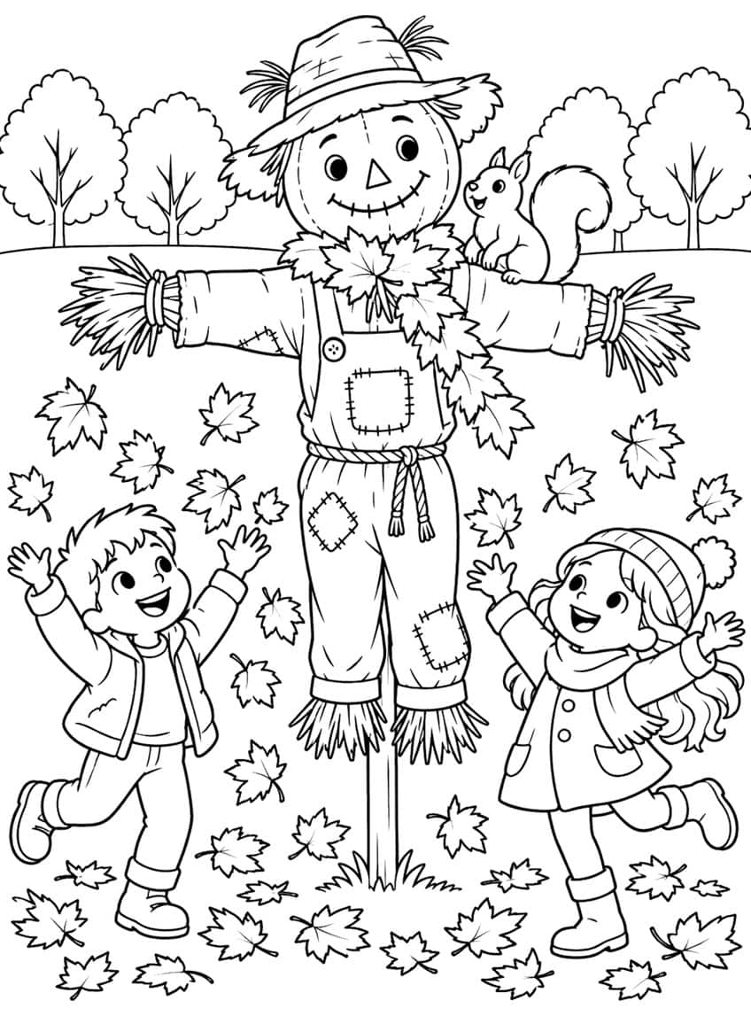 Smiling scarecrow with a squirrel, two playing children and many maple leaves in front of trees