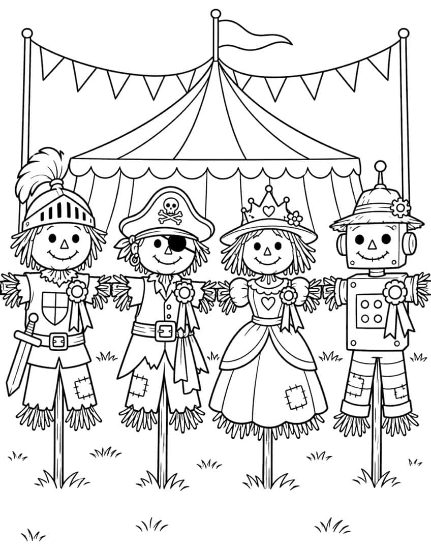 Four costumed scarecrows, knight, pirate, princess and robot, with rosettes in front of a striped tent