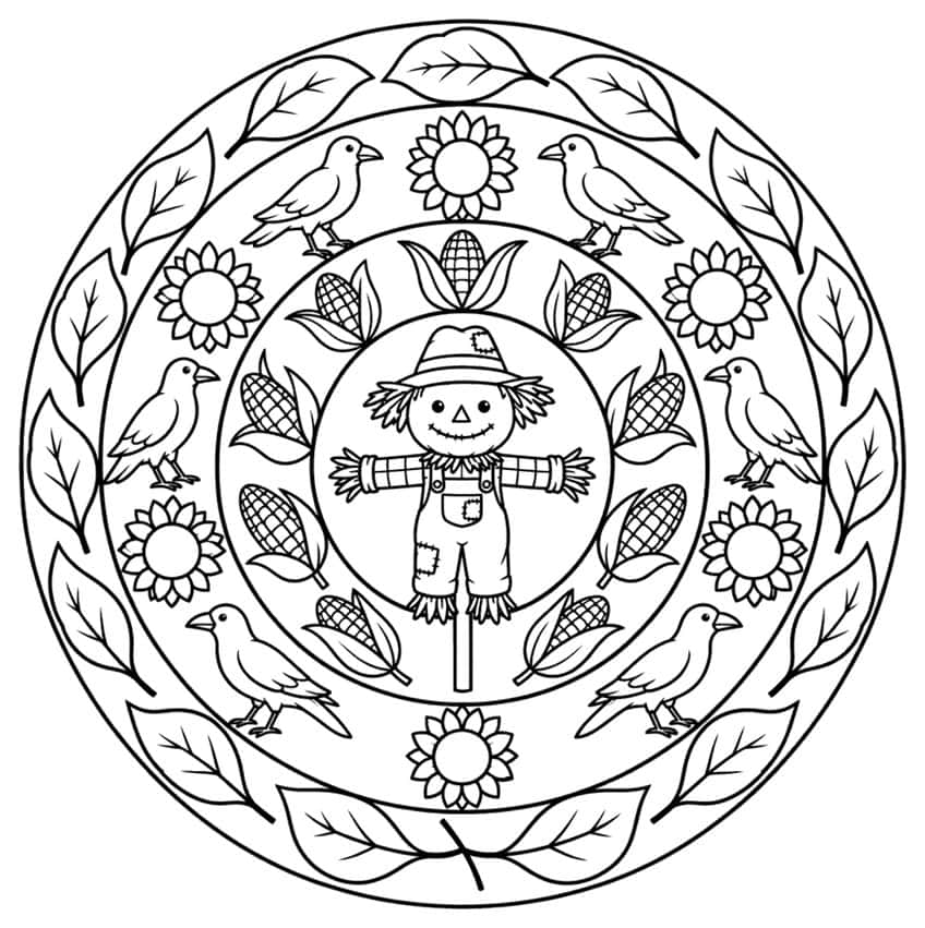 Round mandala with a scarecrow, corn cobs, six crows, sunflowers and a leaf border