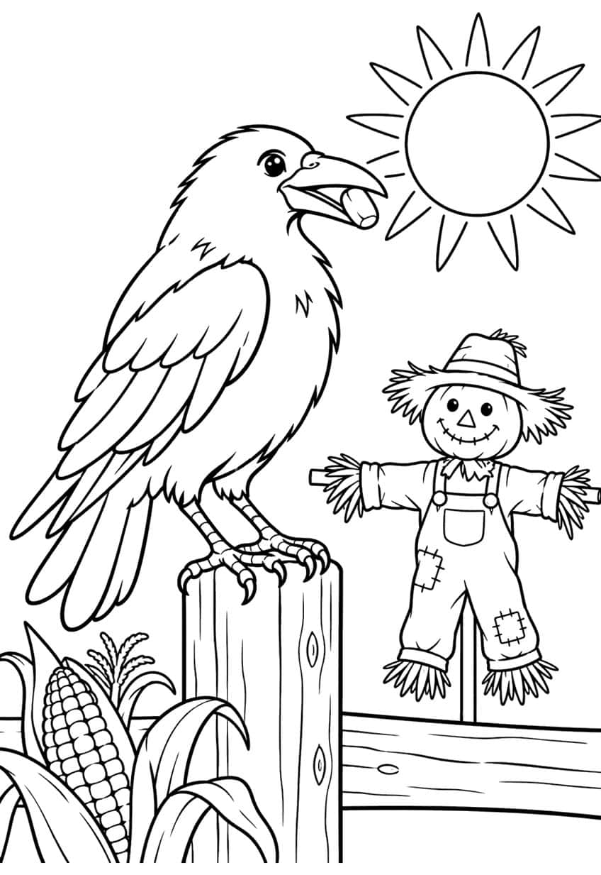 Crow with a kernel in its beak on a fence post, smiling scarecrow, sun and corn cob