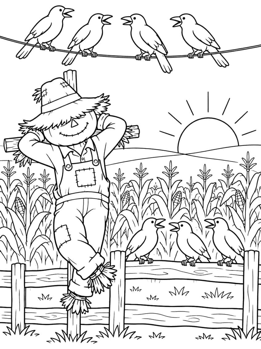 Scarecrow leaning on a post, seven crows on a wire and fence, cornfield and rising sun