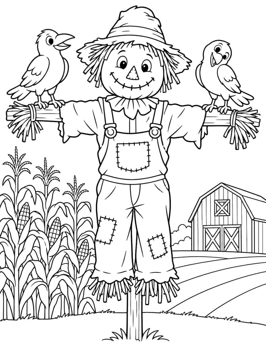 Scarecrow with two crows on its arms, cornfield and barn behind