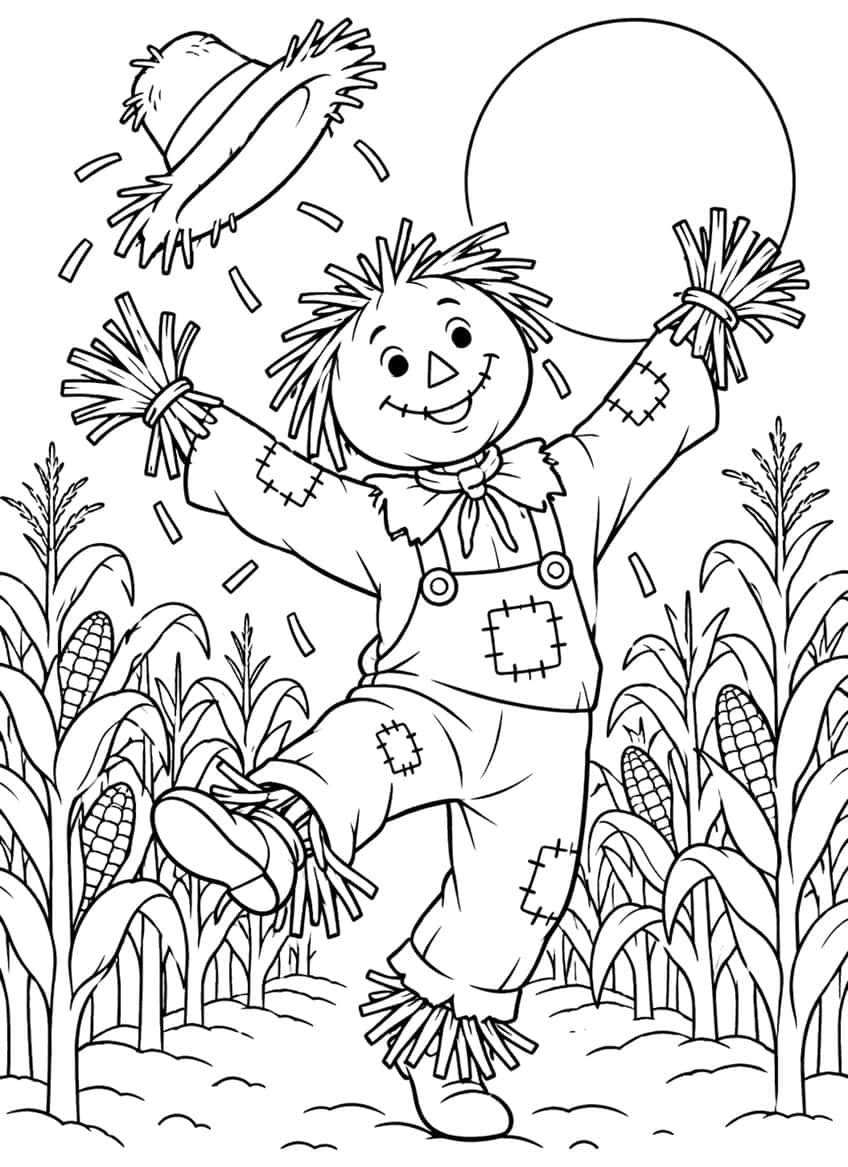 Dancing scarecrow with flying straw hat, moon and corn plants with cobs