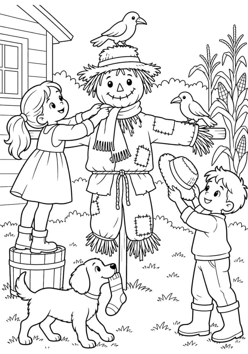 Girl and boy dressing a patched scarecrow, two crows, a puppy with a sock, barn and corn