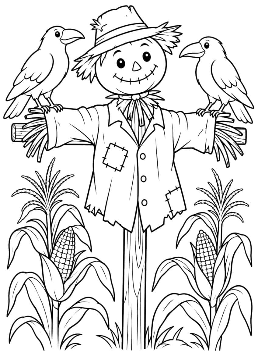 Smiling scarecrow in a straw hat on a post with two crows on its arms and two corn plants with cobs