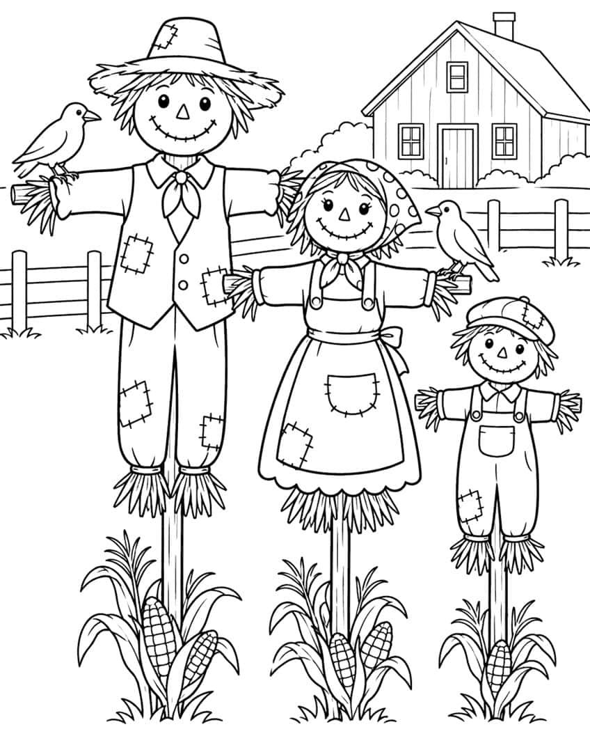Scarecrow father, mother and child on posts with corn, two crows, farmhouse and fence