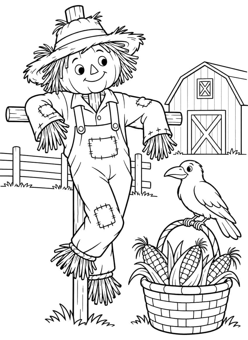 Smiling scarecrow on a post beside a barn, with a crow on a basket of corn cobs