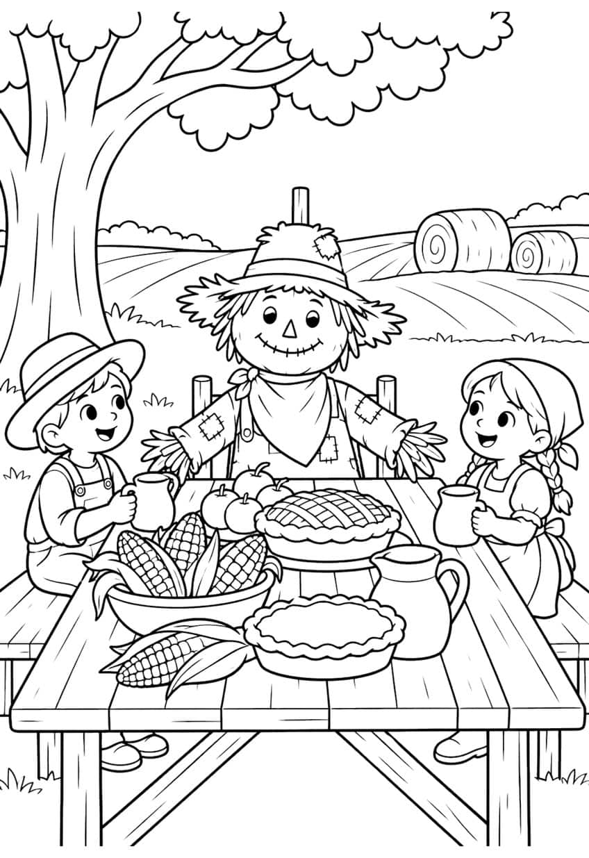 Scarecrow, boy and girl at a wooden table with pies, corn, apples and a pitcher, hay bales behind