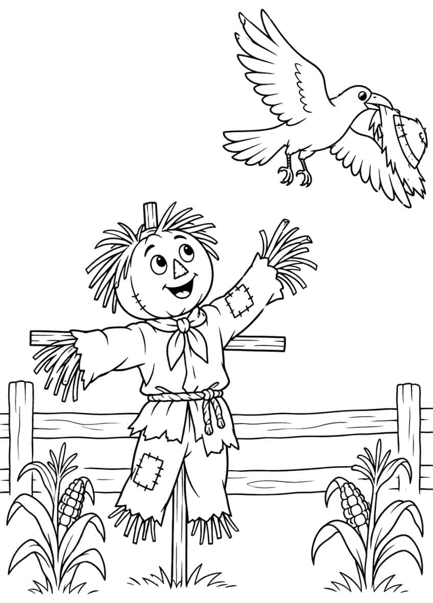Scarecrow reaching toward a flying crow carrying its hat, with a fence and two corn plants