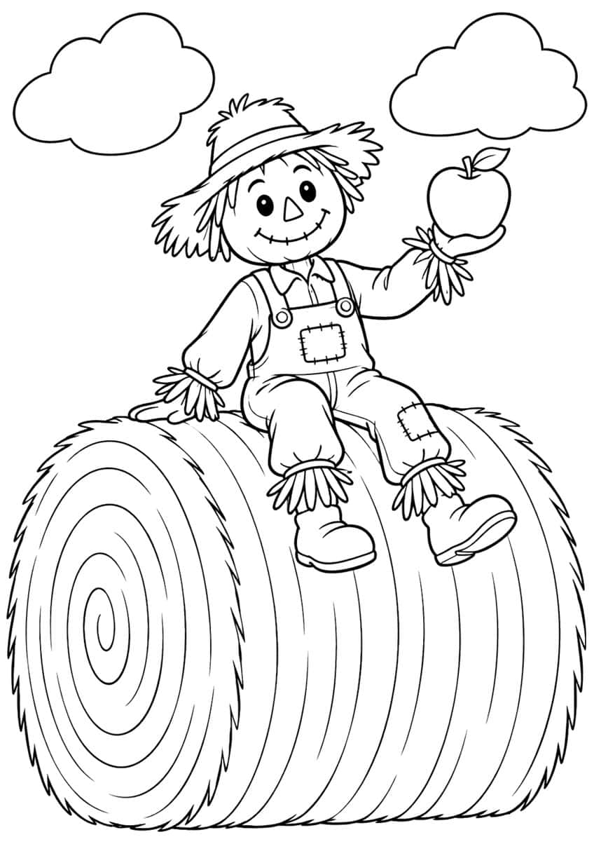 Smiling scarecrow with an apple sitting on a round hay bale under two clouds