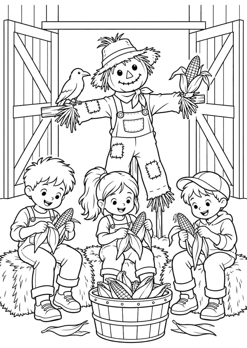 Scarecrow with a crow on its arm above three children husking corn on hay bales beside a bucket