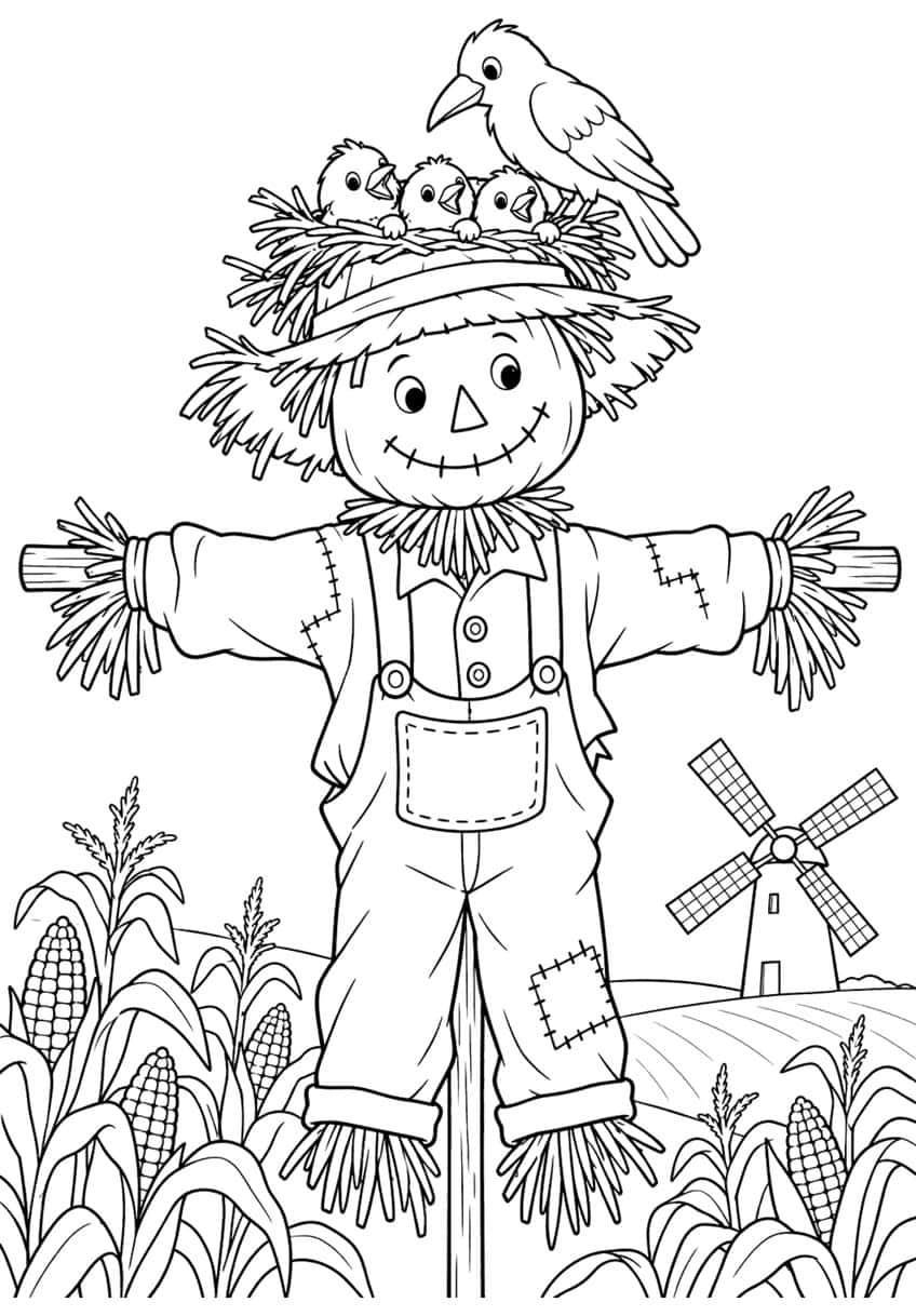 Smiling scarecrow with a nest of three chicks and a bird on its hat, corn plants and a windmill