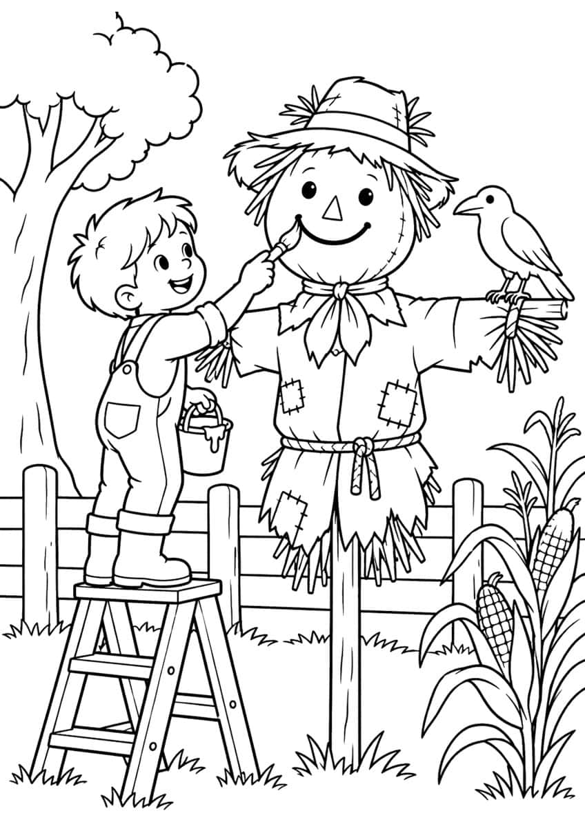 Boy on a stepladder painting a smiling scarecrow with a crow on its arm, fence, tree and corn