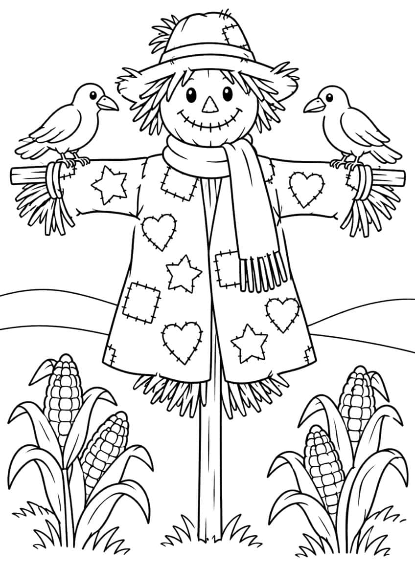 Scarecrow in patchwork coat and scarf with two crows on its arms and corn plants below