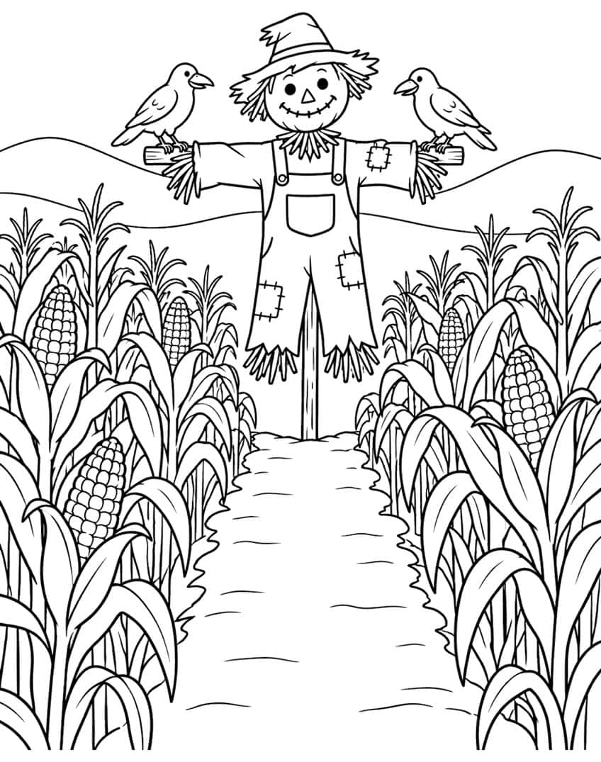 Scarecrow with two crows on a path between cornstalks with ripe cobs, hills behind