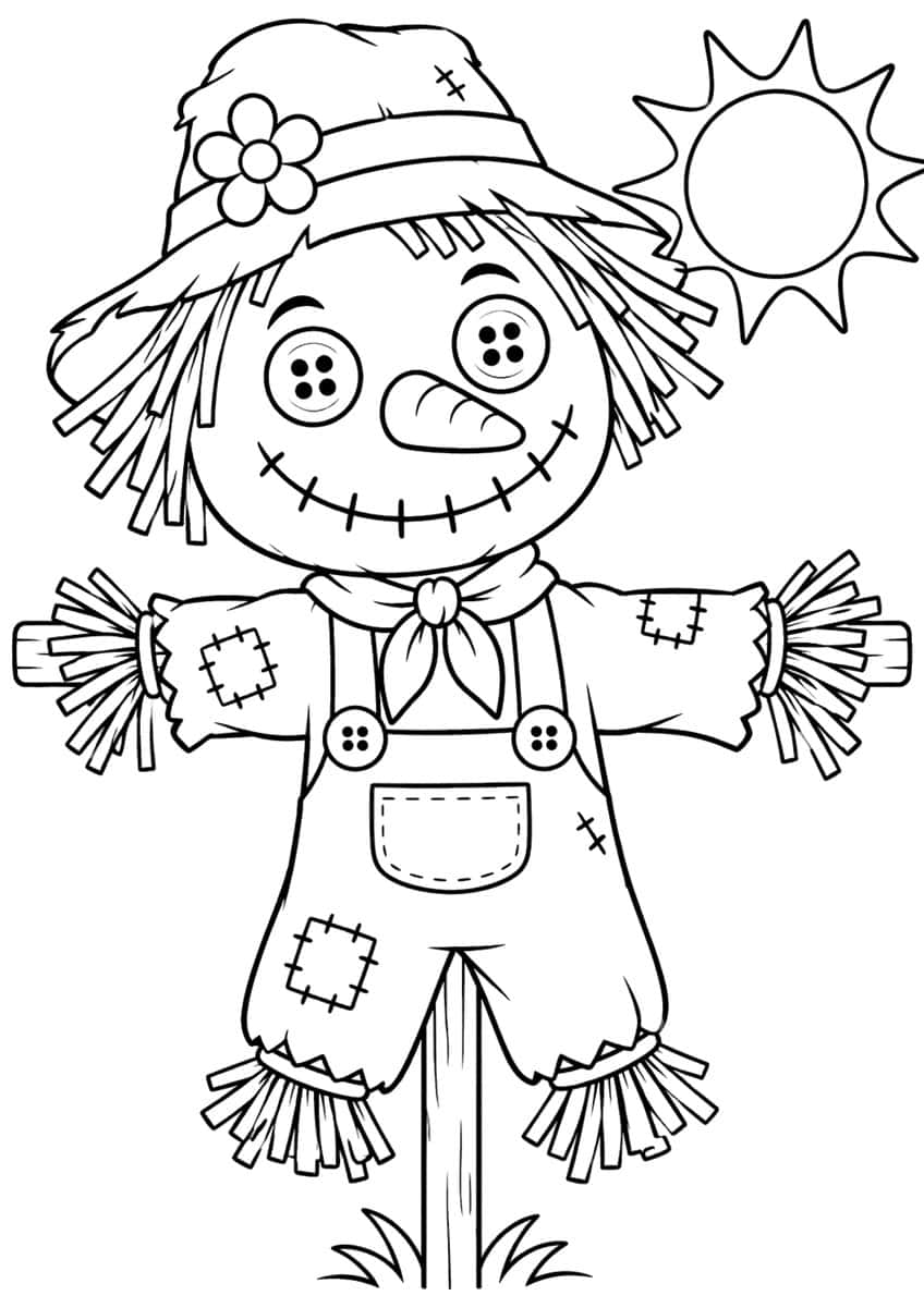 Scarecrow with button eyes, flower hat, patched overalls and straw hands, a sun at top right and grass at the post