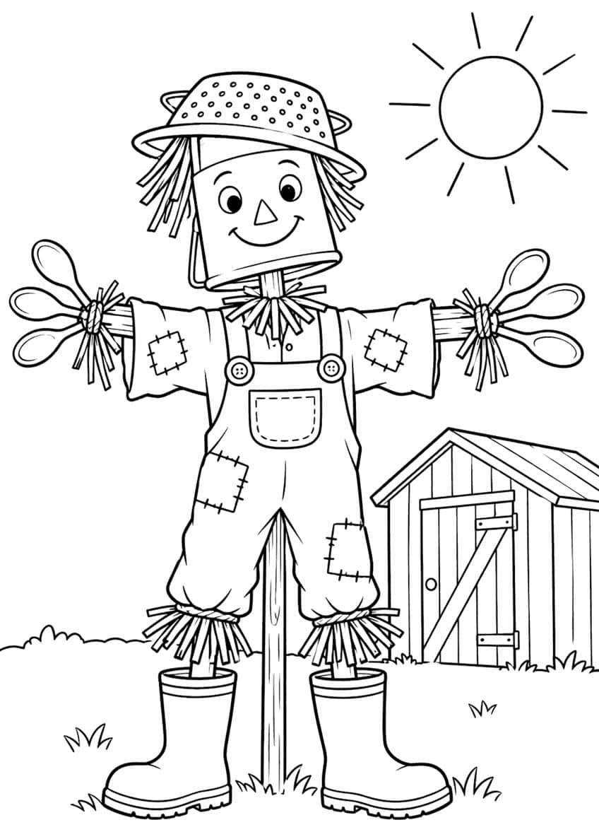 Scarecrow with colander hat, bucket head, wooden spoon hands and rubber boots beside a shed and sun