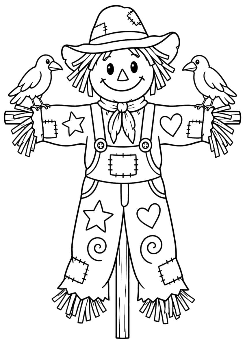 Smiling scarecrow in hat and overalls with stars, hearts and patches, a crow on each outstretched arm