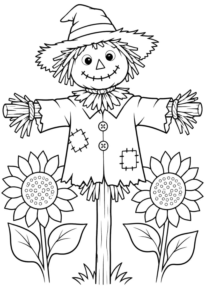 Smiling scarecrow with pointed straw hat, patched jacket and buttons between two large sunflowers