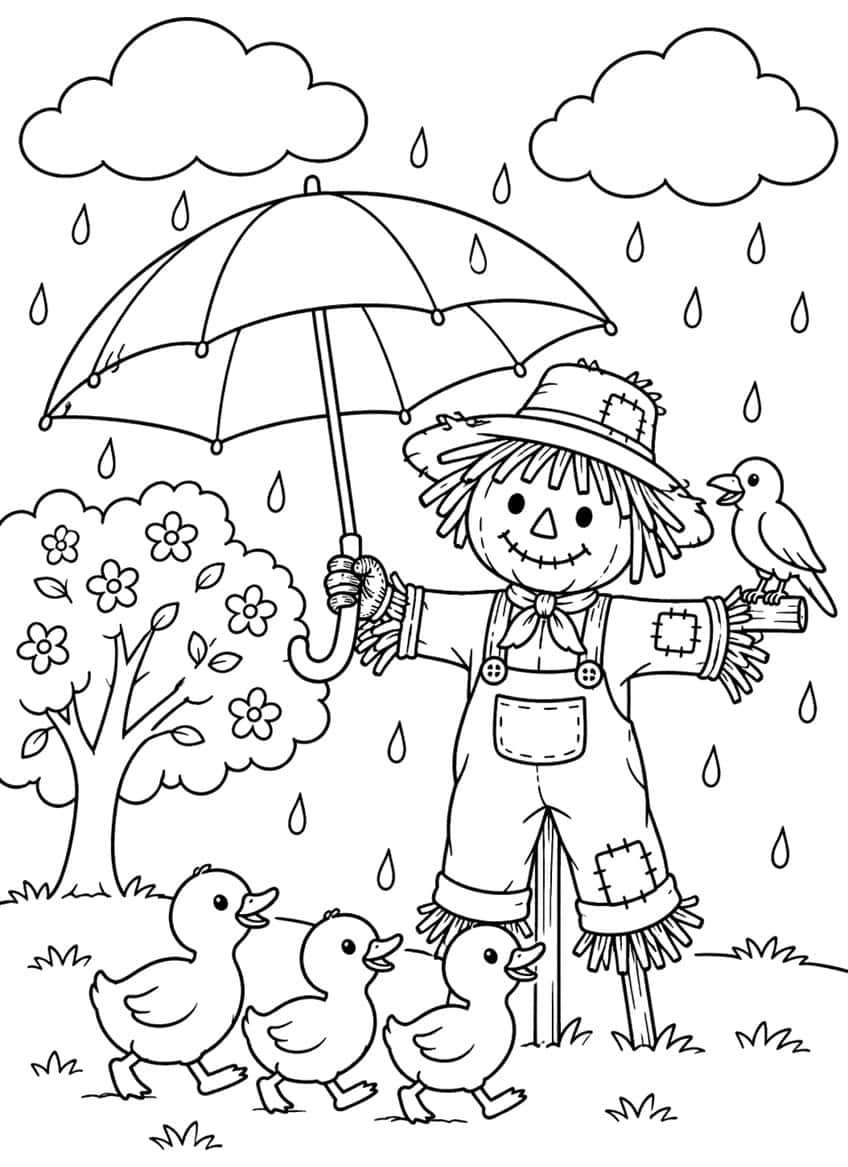 Smiling scarecrow holding an umbrella with a crow on its arm, three ducklings, a flowering tree and rain clouds