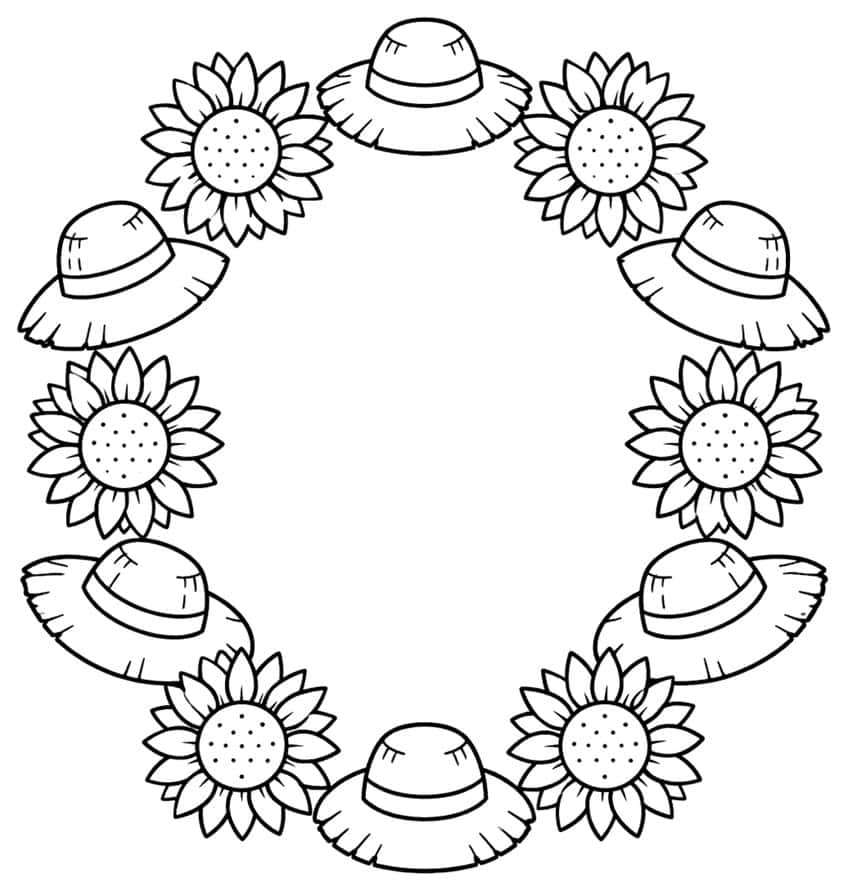 Circular wreath of five banded straw hats and five dotted sunflowers