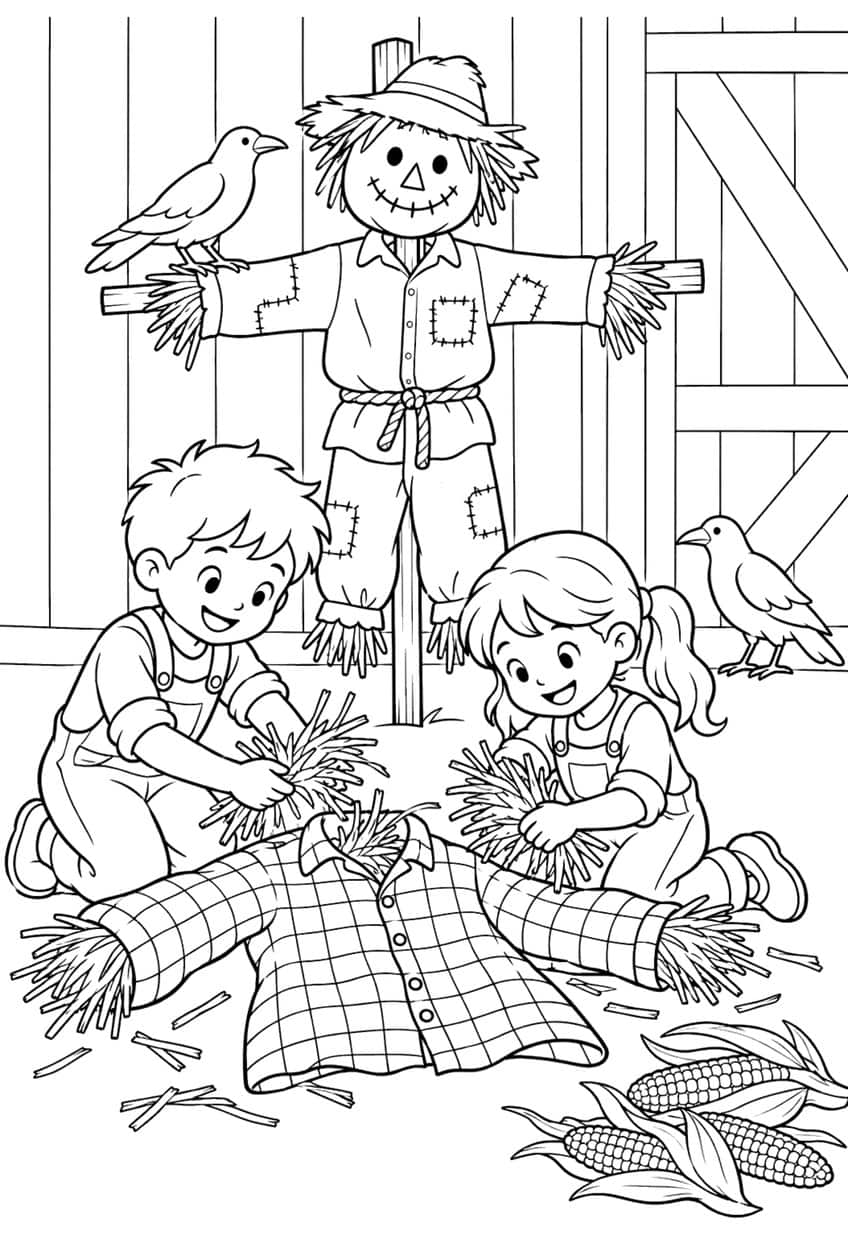 Boy and girl stuffing a plaid shirt with straw, scarecrow on a post, two crows, corn cobs