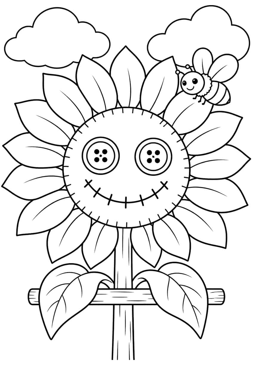 Sunflower scarecrow with button eyes, stitched smile, wooden cross-post, big leaves, a bee and two clouds
