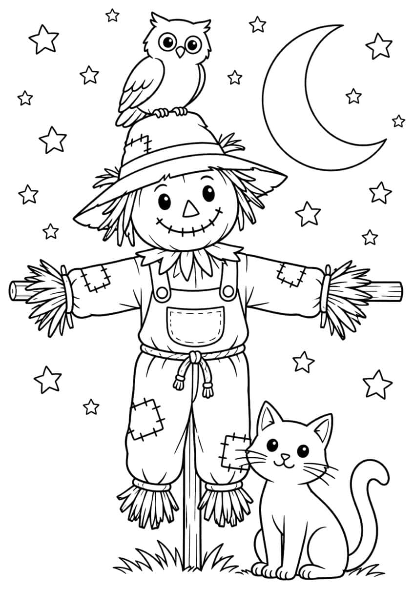 Smiling scarecrow with an owl on its hat, a sitting cat, a crescent moon and stars