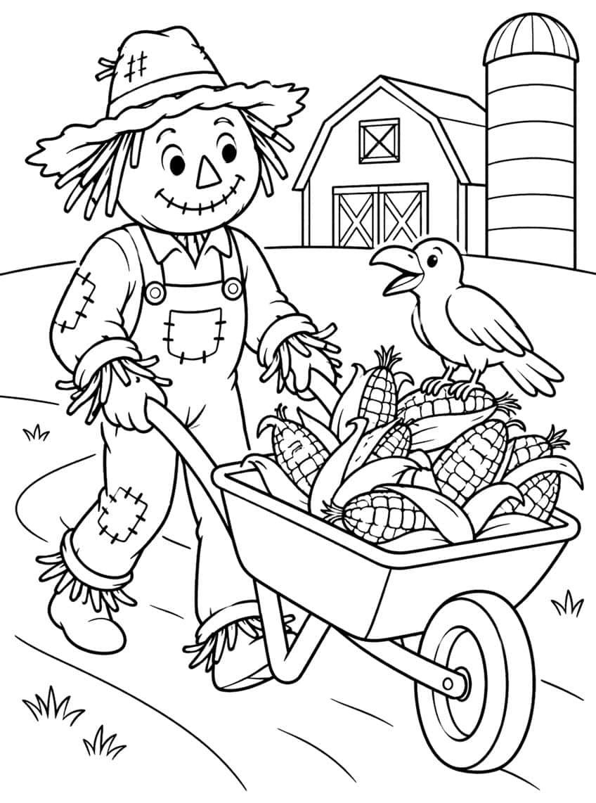 Scarecrow pushing a wheelbarrow of corn cobs with a crow on top, barn and silo behind