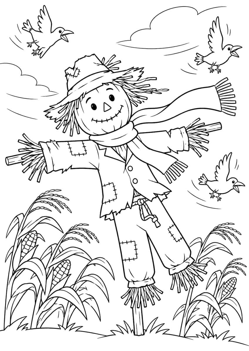 Smiling scarecrow with a flowing scarf, three flying crows, clouds and corn plants with cobs