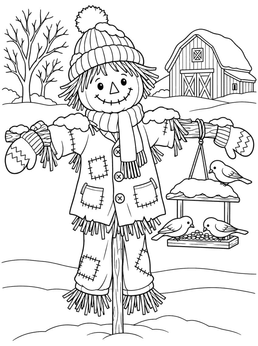 Scarecrow in knit hat, scarf and mittens with a bird feeder, three birds, a snowy barn and bare trees