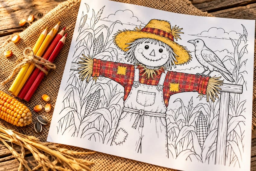 scarecrow coloring page partly colored in with pencils