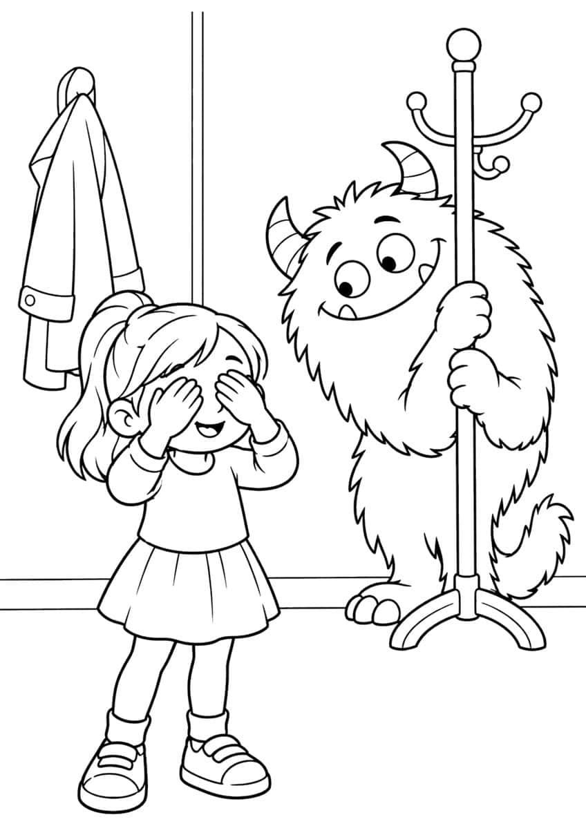 Girl covering her eyes, furry horned monster behind a coat stand, coat on a wall hook