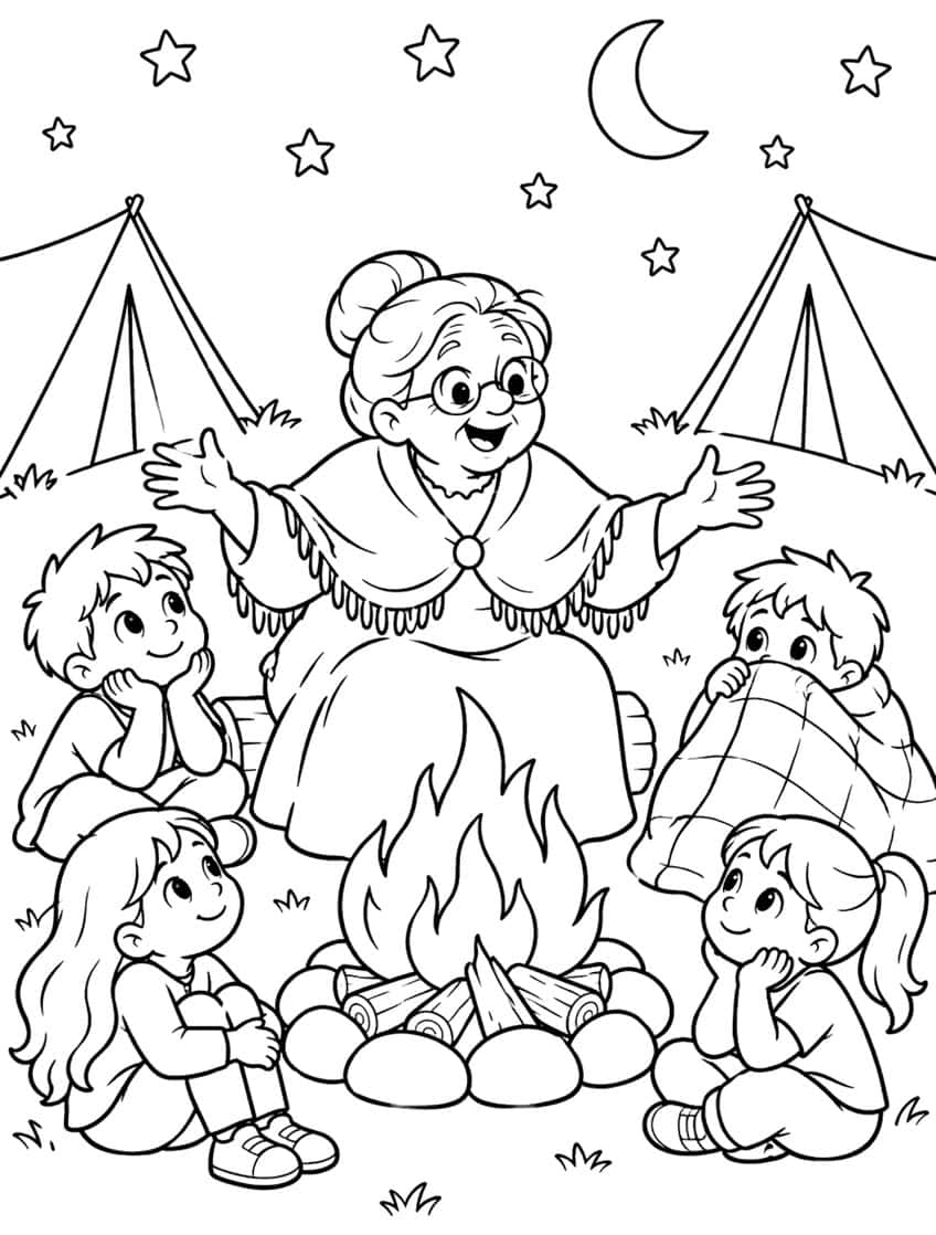 Grandma with glasses telling a story by a campfire to four kids, tents, crescent moon and stars