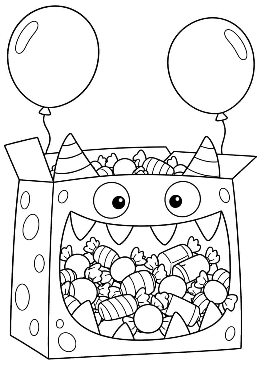 Monster-faced candy box with striped horns, big eyes, fangs, wrapped sweets and two balloons