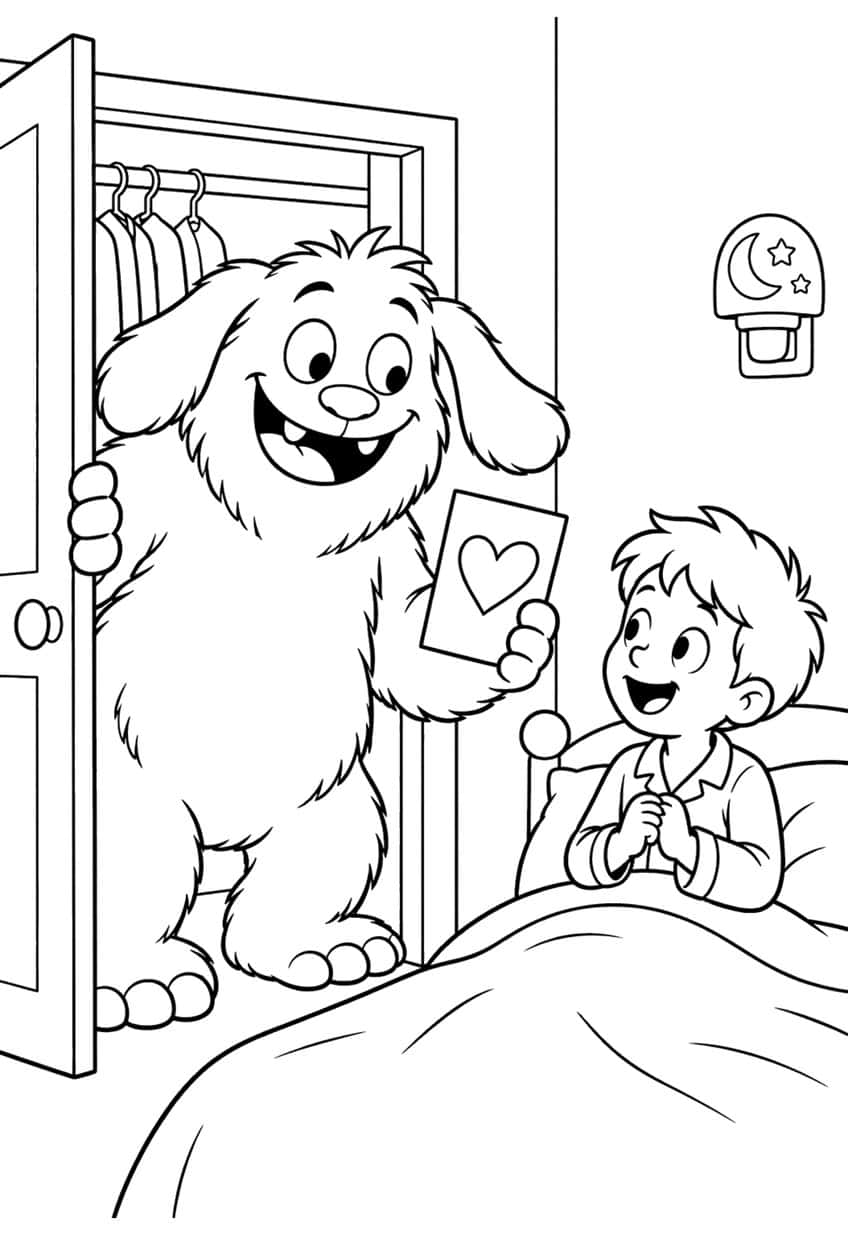Friendly furry monster with a heart card at a closet door, smiling boy in bed, night light