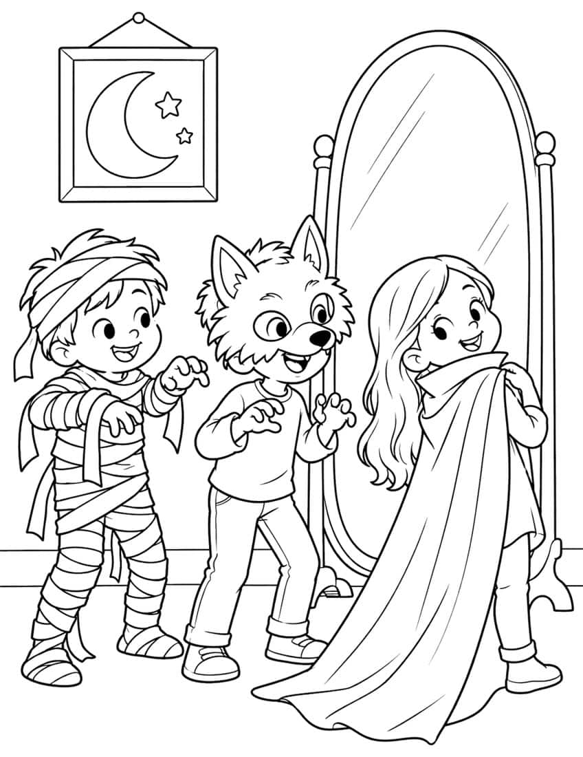 Mummy boy, wolf-mask child and girl with a cape beside a standing mirror and a framed moon picture