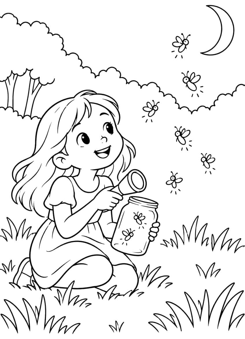 Smiling girl kneeling in grass holding a jar of fireflies under a crescent moon