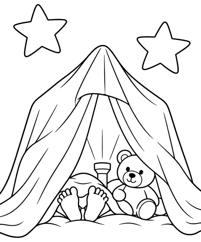 Blanket tent with bare feet, flashlight and smiling teddy bear under two stars