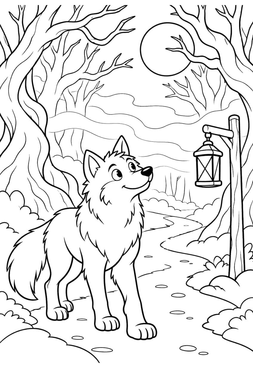 Smiling wolf on a forest path with a hanging lantern, bare trees, moon, fog and bushes