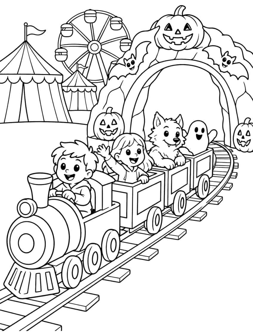 Steam train with a boy, girl, wolf pup and ghost entering a pumpkin tunnel near a Ferris wheel and circus tents