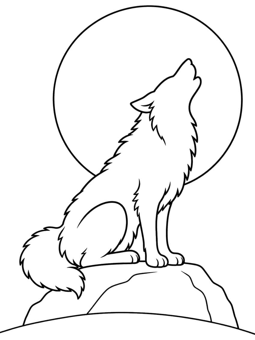 Wolf howling on a rock in front of a large full moon, with fluffy fur and a bushy tail