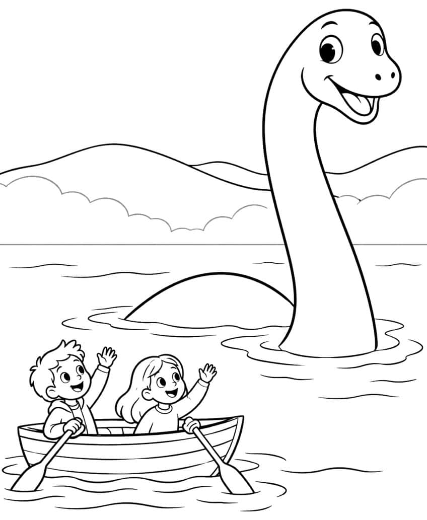 Smiling long-necked lake monster, boy and girl waving in a rowboat, hills and ripples