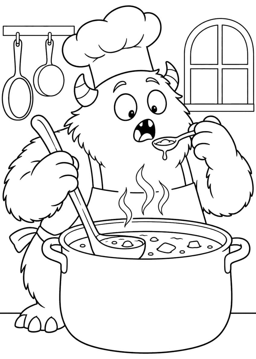 Furry horned monster in a chef hat tasting soup from a spoon beside a large pot, pans and window behind