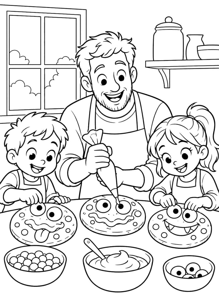 Dad, boy and girl decorating three monster cookies with bowls of candy and icing in a kitchen